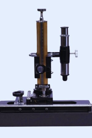 With horizontal and vertical scales. The bed is of cast iron and accurately machined. The horizontal carriage is machined and inters ground on the guide ways of the horizontal bed. The carriage is fitted with vertical brass pillar carrying a microscope tube on a ground fitted vertical carriage. The base is fitting with two levelling screws Horizontal scale is 20cms and vertical 15cms. Long. Both the horizontal scale and vertical carriages are provided with slow motions, which travels app. 3cms in one traverse. Microscope tube is provided with rack & pinion. A milk white Perspex platform is provided on the horizontal bed. Vernier constant 0.001cms. Complete in well-polished wooden case.Having stainless steel scale.